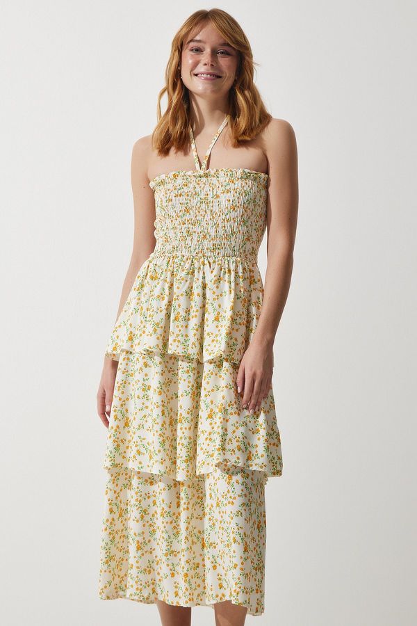 Happiness İstanbul Happiness İstanbul Women's Ecru Yellow Floral Flounce Summer Viscose Dress