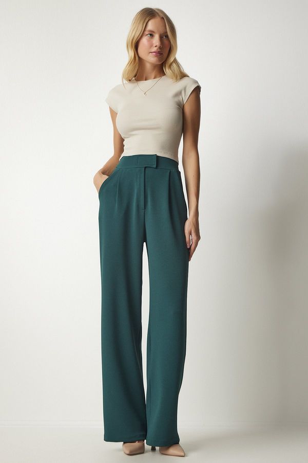 Happiness İstanbul Happiness İstanbul Women's Emerald Green Comfort Woven Pants with a Velcro Waist
