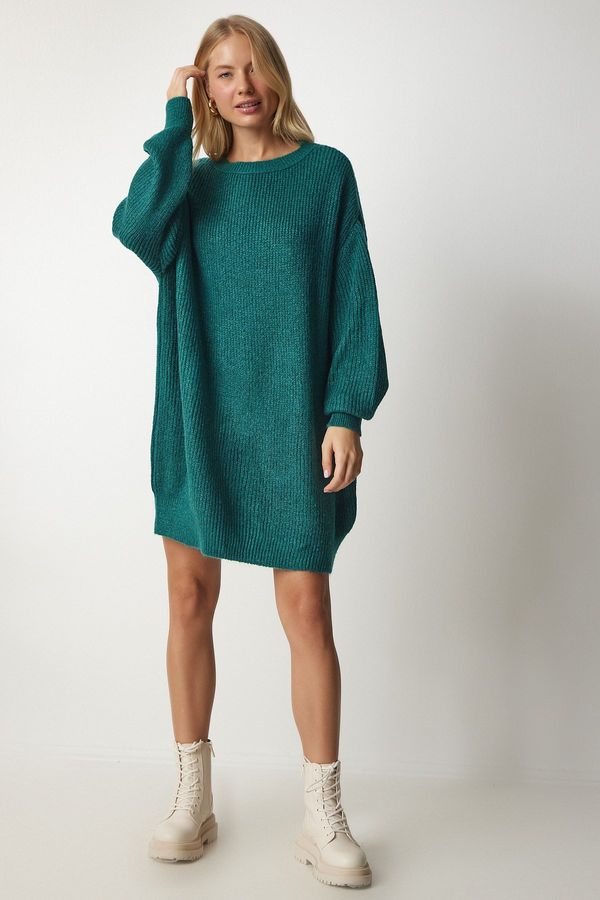 Happiness İstanbul Happiness İstanbul Women's Emerald Green Oversize Long Basic Knitwear Sweater