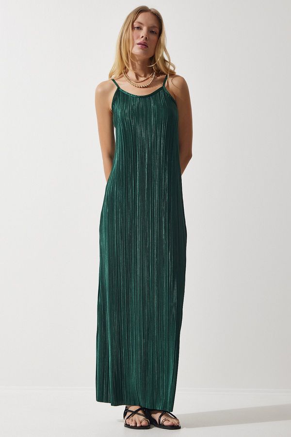 Happiness İstanbul Happiness İstanbul Women's Emerald Green Strappy Summer Pleated Dress