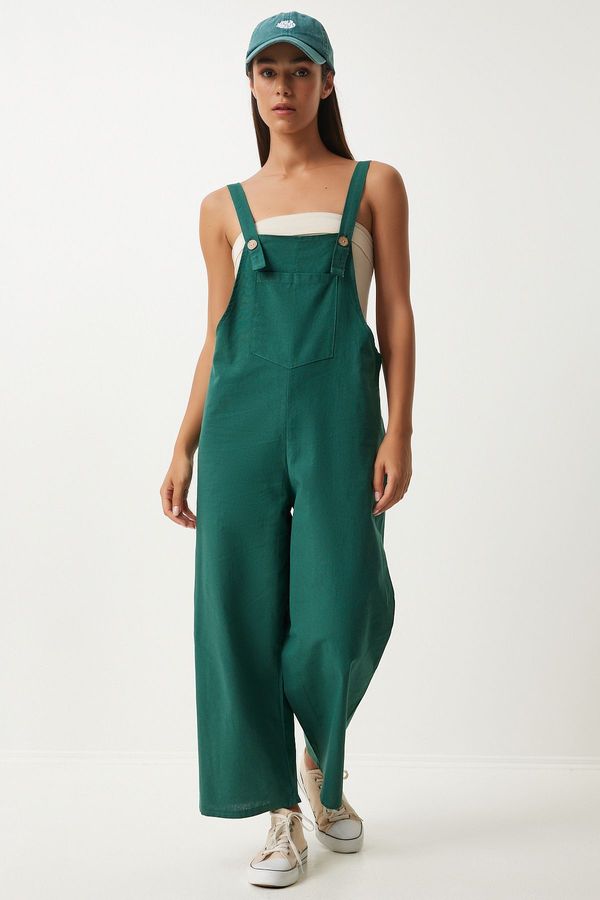 Happiness İstanbul Happiness İstanbul Women's Emerald Green Strappy Thin Gabardine Summer Gardener Overalls