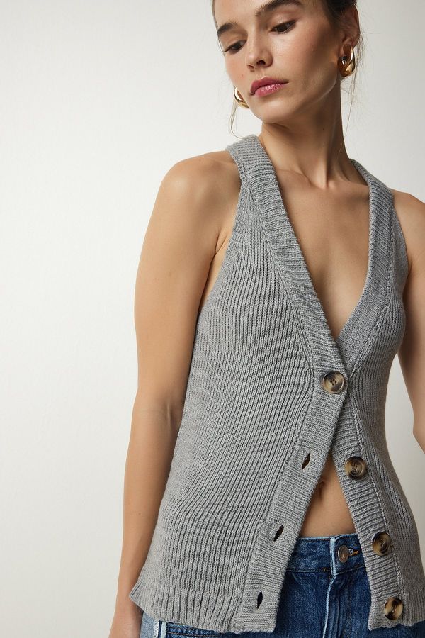 Happiness İstanbul Happiness İstanbul Women's Gray Barbell Neck Buttoned Knitwear Vest