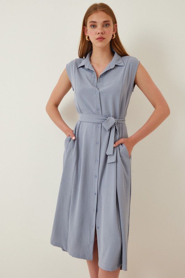 Happiness İstanbul Happiness İstanbul Women's Gray Belted Linen Viscose Summer Shirt Dress