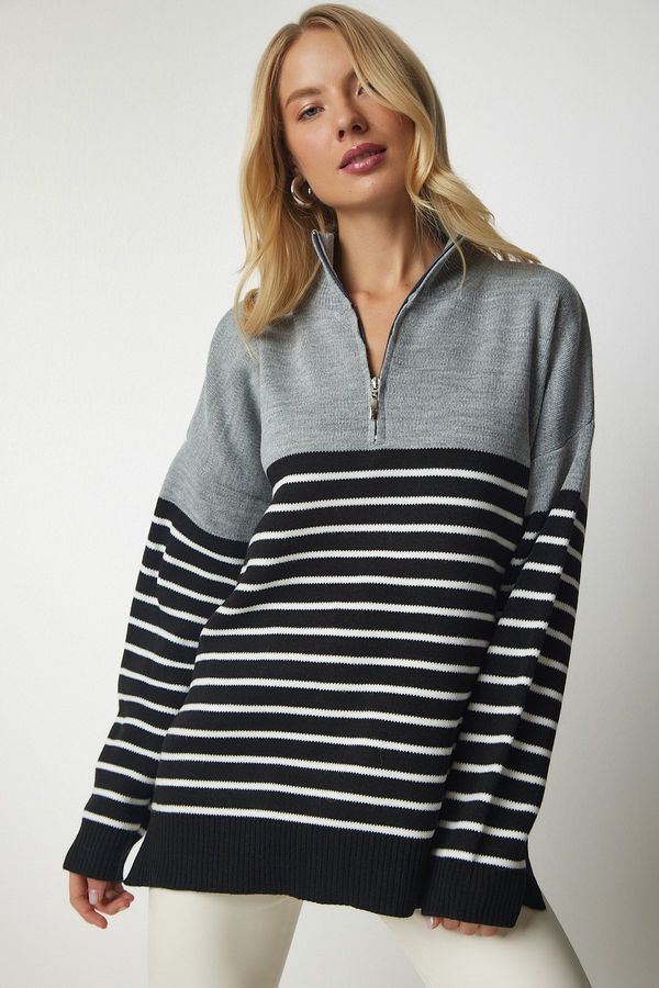 Happiness İstanbul Happiness İstanbul Women's Gray Black Striped Zipper High Neck Knitwear Sweater