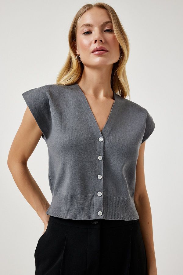 Happiness İstanbul Happiness İstanbul Women's Gray Buttoned Short Knitwear Vest