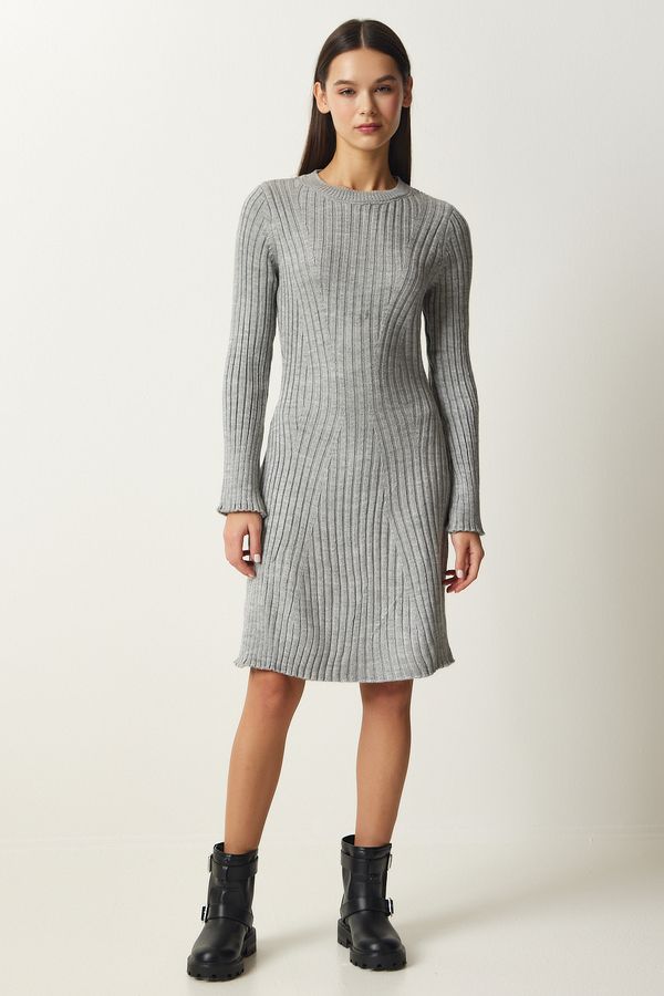Happiness İstanbul Happiness İstanbul Women's Gray Corded A-Line Knitwear Dress