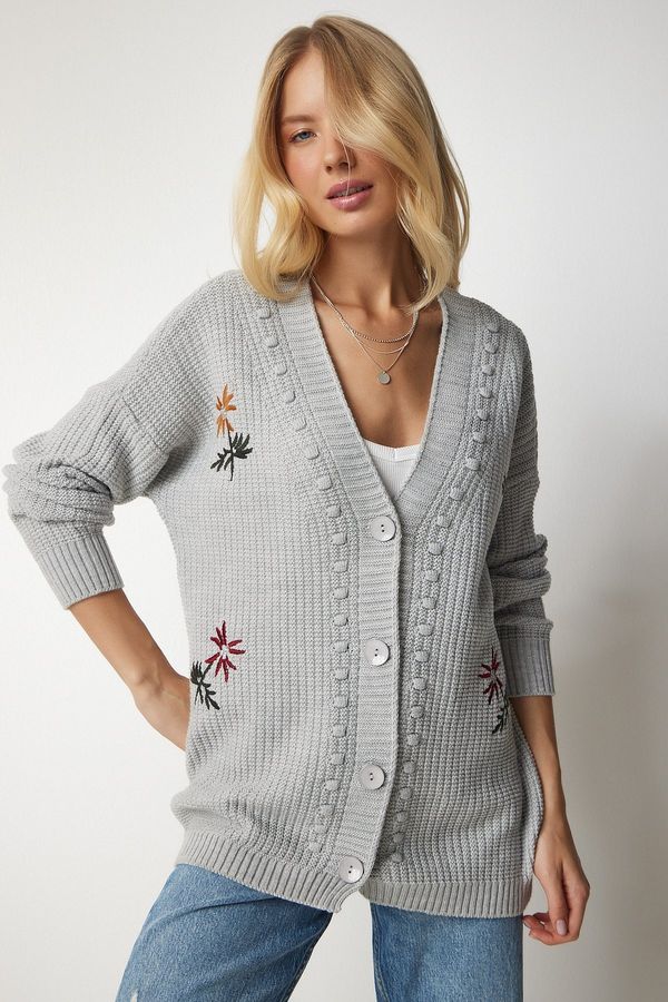 Happiness İstanbul Happiness İstanbul Women's Gray Floral Embroidered Textured Knitwear Cardigan