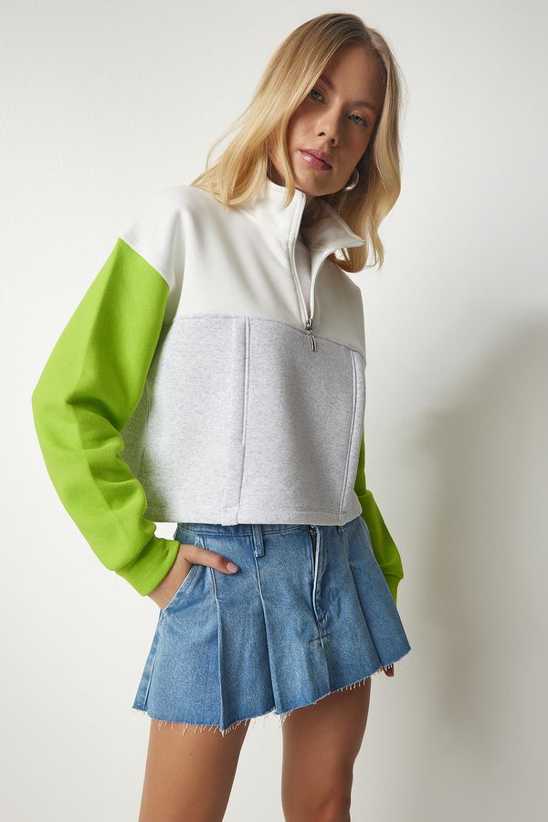 Happiness İstanbul Happiness İstanbul Women's Gray Light Green Zipper Collar Raised Knitted Crop Sweatshirt