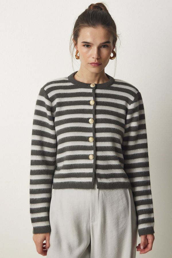 Happiness İstanbul Happiness İstanbul Women's Gray Metal Button Detailed Striped Knitwear Cardigan