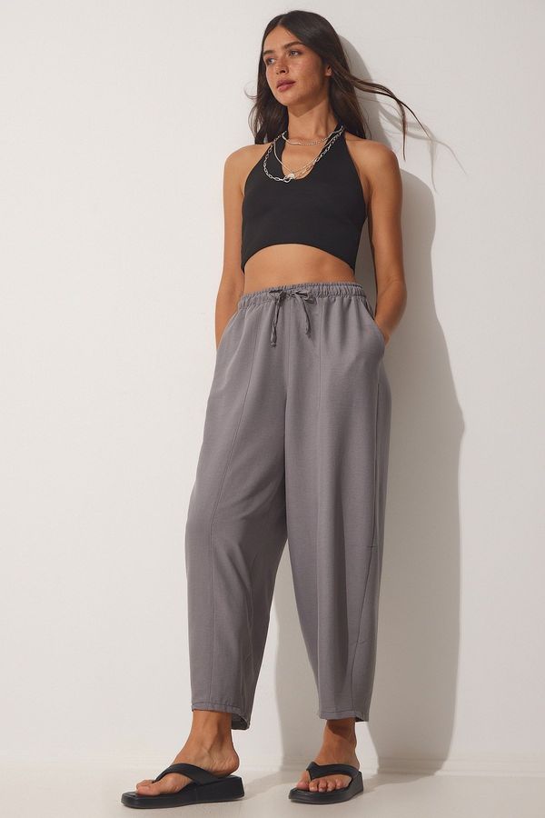 Happiness İstanbul Happiness İstanbul Women's Gray Pocketed Linen Viscose Shalwar Trousers