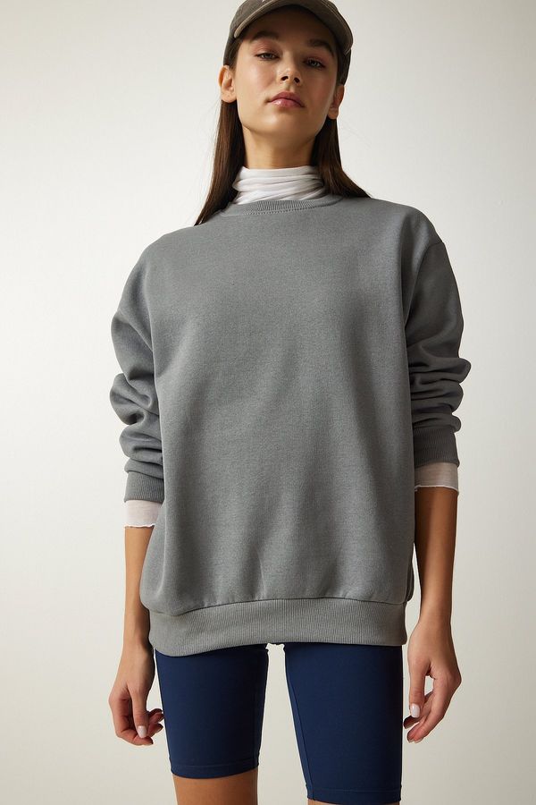 Happiness İstanbul Happiness İstanbul Women's Gray Raised Basic Sweatshirt