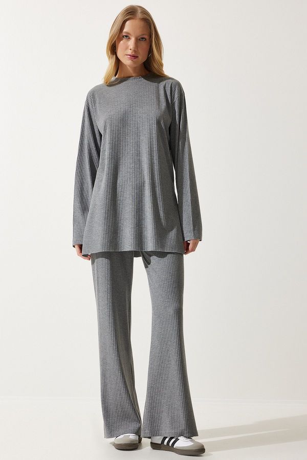 Happiness İstanbul Happiness İstanbul Women's Gray Ribbed Knitted Blouse Pants Suit