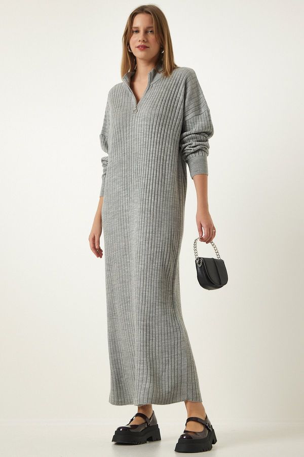Happiness İstanbul Happiness İstanbul Women's Gray Ribbed Oversize Knitwear Dress