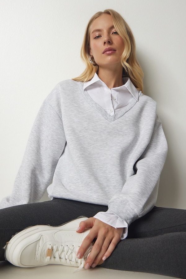 Happiness İstanbul Happiness İstanbul Women's Gray Shirt Detailed Knitted Sweatshirt