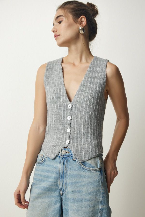 Happiness İstanbul Happiness İstanbul Women's Gray Striped Raised Knitwear Vest
