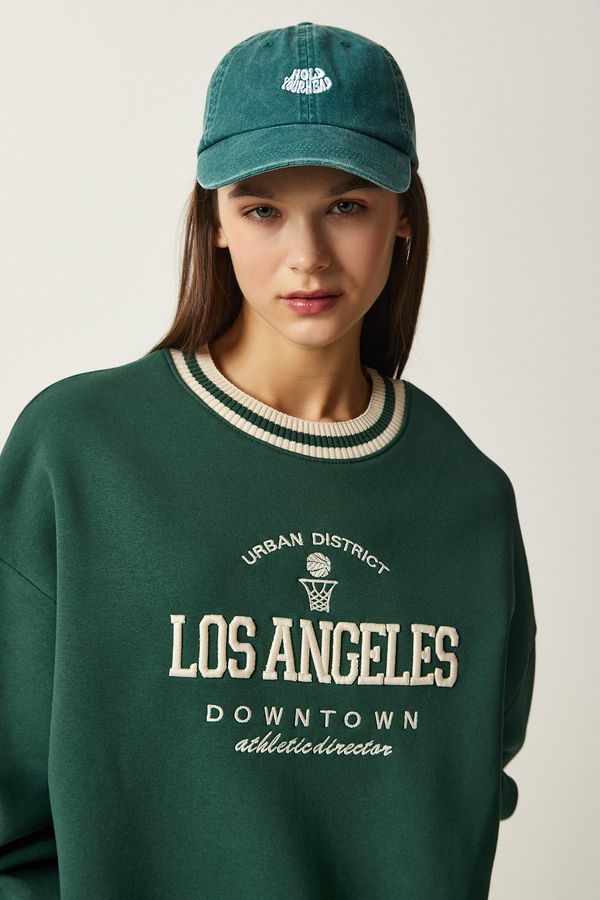 Happiness İstanbul Happiness İstanbul Women's Green Embroidered Rose Gold Knitted Sweatshirt