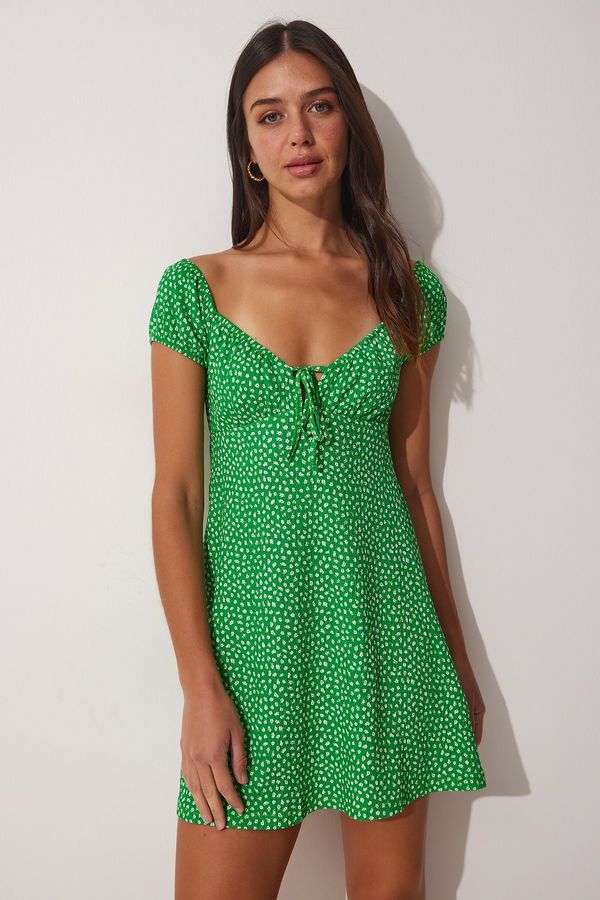 Happiness İstanbul Happiness İstanbul Women's Green Floral Smocking Collar Mini Knitted Dress