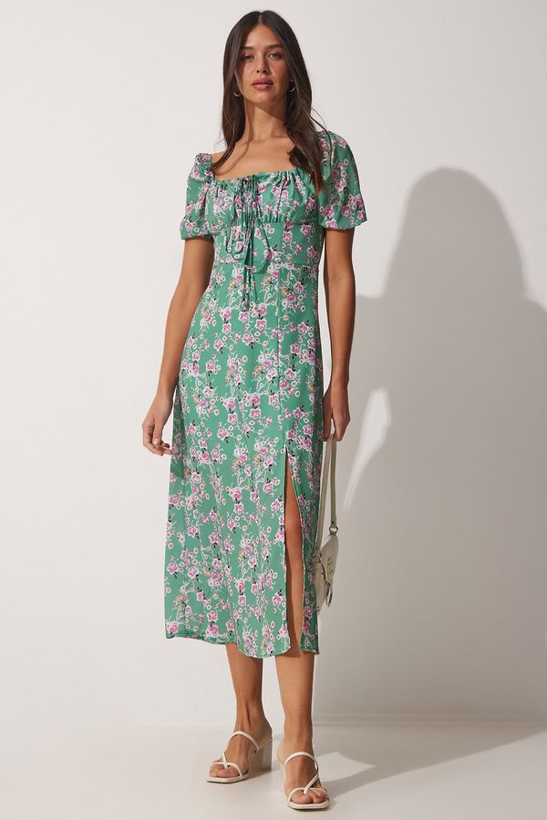 Happiness İstanbul Happiness İstanbul Women's Green Gathered Collar Floral Satin Surface Summer Dress