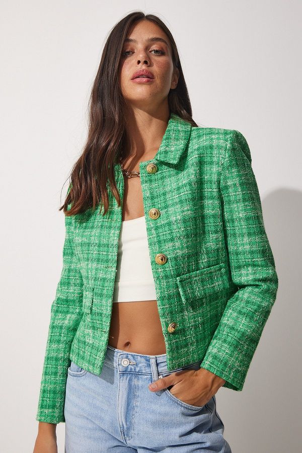 Happiness İstanbul Happiness İstanbul Women's Green Gold Buttoned Tweed Woven Jacket