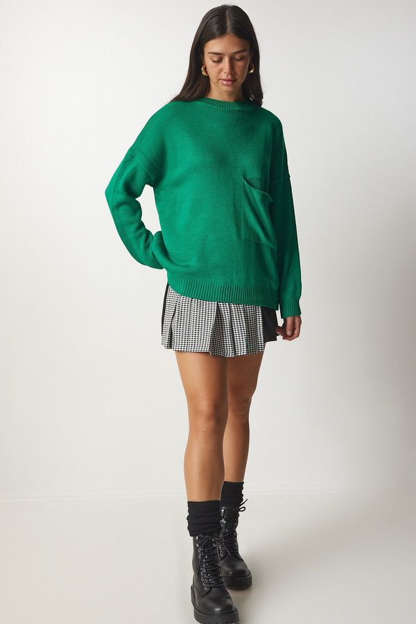 Happiness İstanbul Happiness İstanbul Women's Green Pocket Detailed Basic Knitwear Sweater
