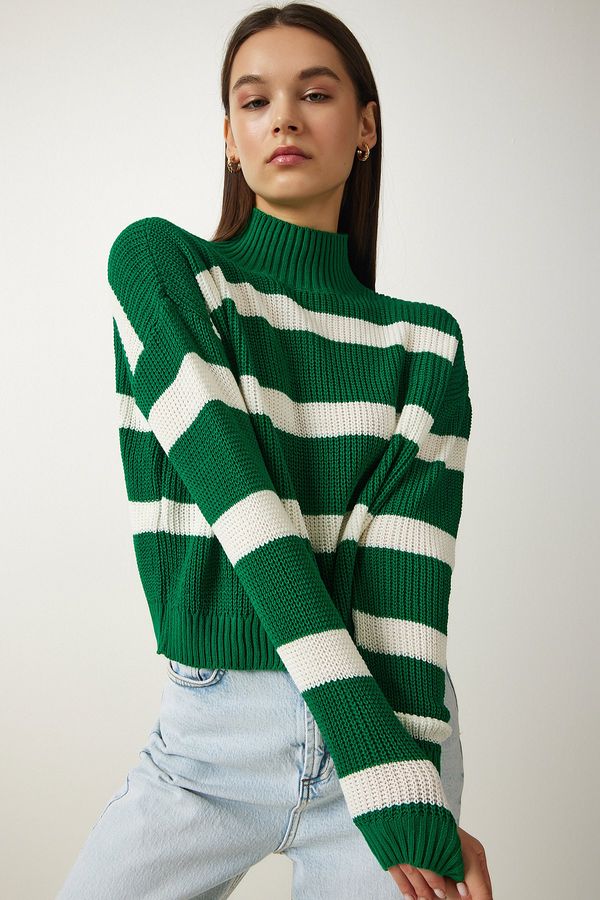 Happiness İstanbul Happiness İstanbul Women's Green Stand-Up Collar Striped Knitwear Sweater