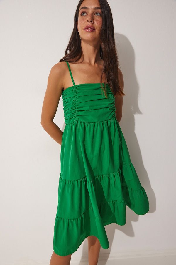 Happiness İstanbul Happiness İstanbul Women's Green Straps, Ruffles Summer Poplin Dress