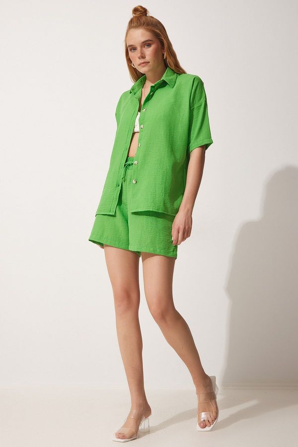 Happiness İstanbul Happiness İstanbul Women's Green Summer Linen Shirt Shorts Suit