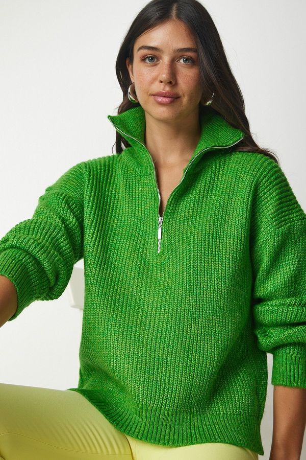 Happiness İstanbul Happiness İstanbul Women's Green Zipper Collar Knitwear Sweater