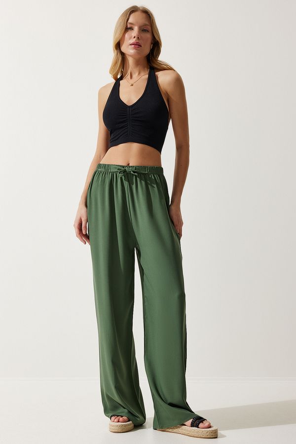 Happiness İstanbul Happiness İstanbul Women's Khaki Flowy Knitted Palazzo Trousers