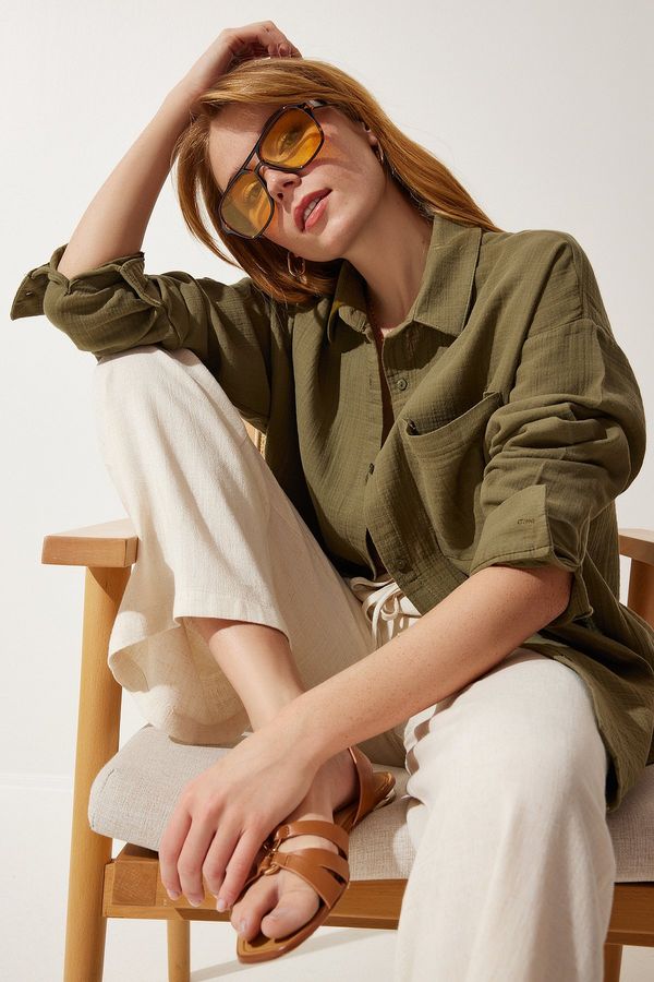 Happiness İstanbul Happiness İstanbul Women's Khaki Pocket Oversize Muslin Shirt