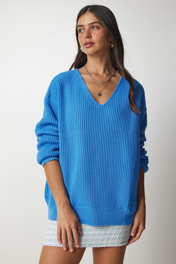 Happiness İstanbul Happiness İstanbul Women's Light Blue V-Neck Oversize Basic Knitwear Sweater