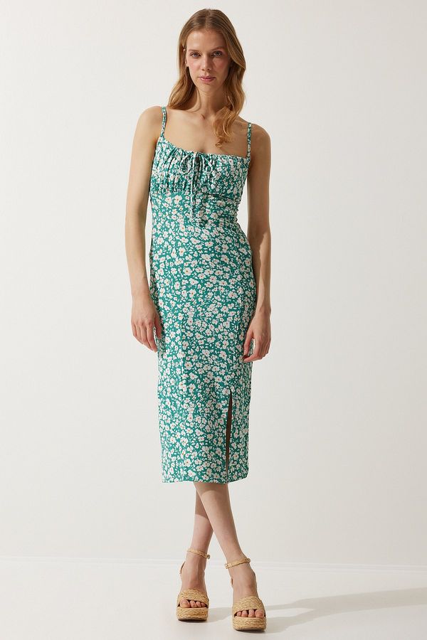Happiness İstanbul Happiness İstanbul Women's Light Green Floral Slit Summer Knitted Dress