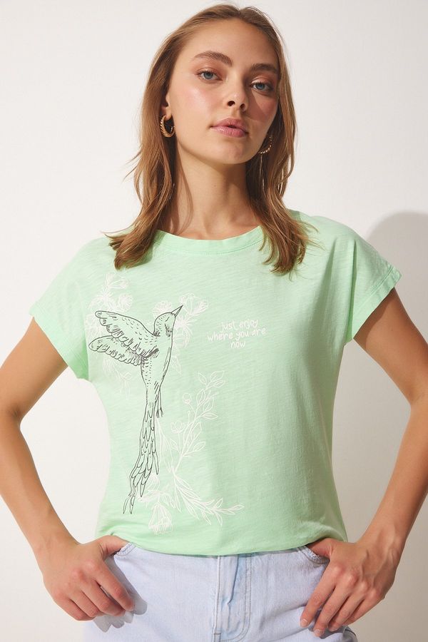 Happiness İstanbul Happiness İstanbul Women's Light Green Printed Cotton T-Shirt