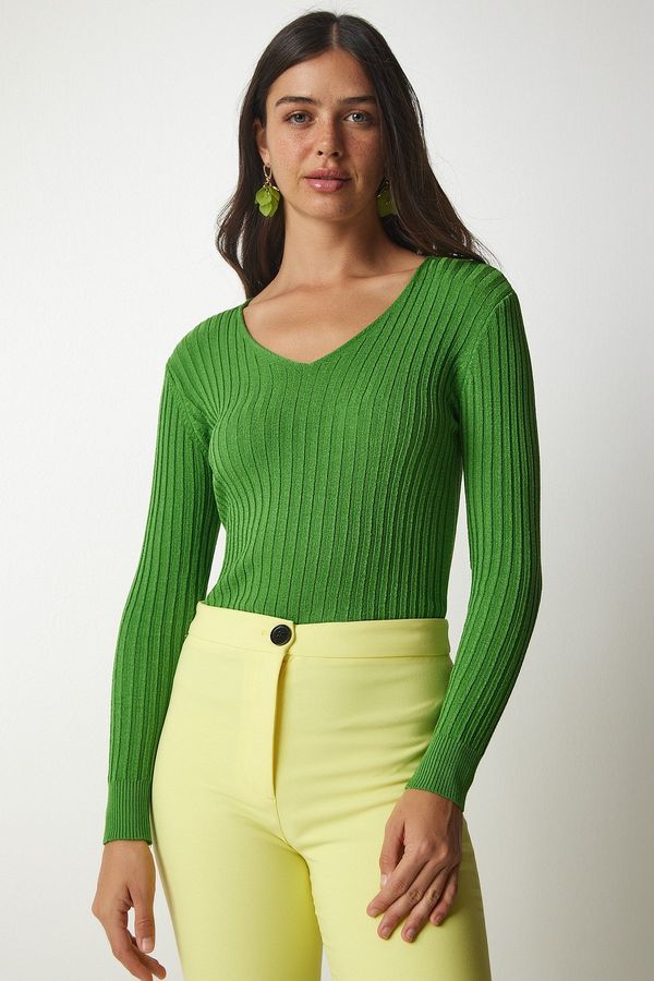 Happiness İstanbul Happiness İstanbul Women's Light Green V-Neck Ribbed Basic Blouse