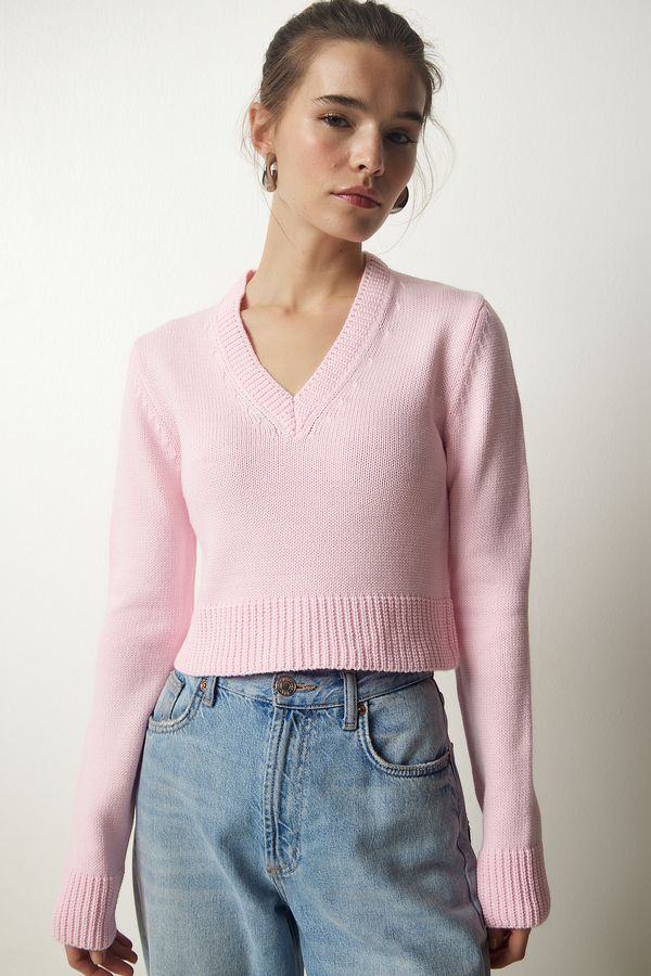 Happiness İstanbul Happiness İstanbul Women's Light Pink V-Neck Crop Knitwear Sweater