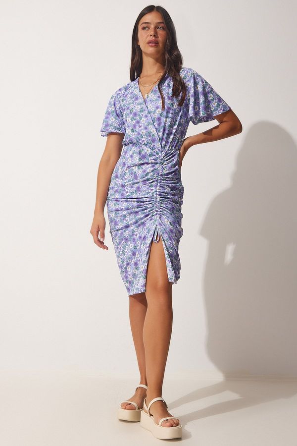 Happiness İstanbul Happiness İstanbul Women's Lilac Floral Wrap Neck Summer Dress
