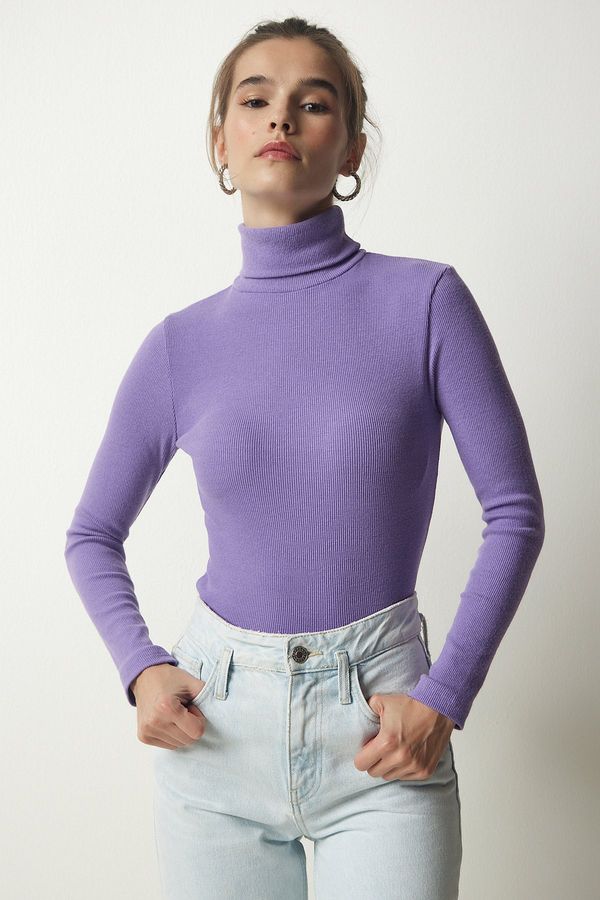Happiness İstanbul Happiness İstanbul Women's Lilac Turtleneck Corduroy Knitted Blouse