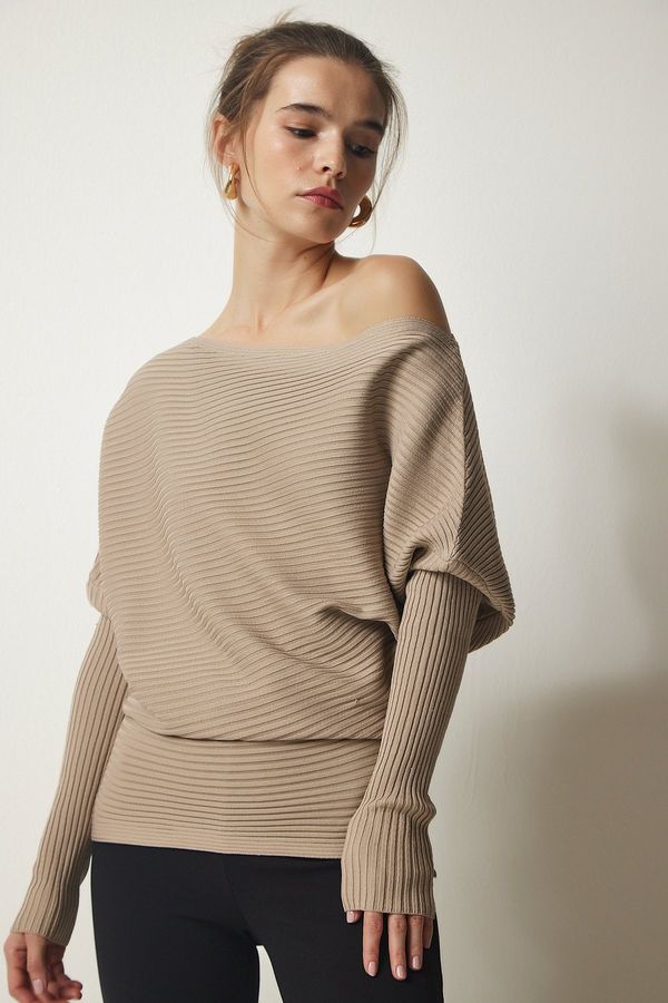 Happiness İstanbul Happiness İstanbul Women's Mink Asymmetric Collar Ribbed Sweater