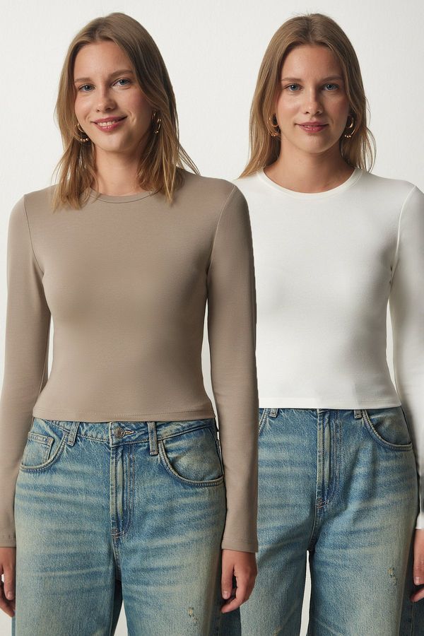 Happiness İstanbul Happiness İstanbul Women's Mink Ecru Crew Neck Saran 2-Pack Knitted Blouse