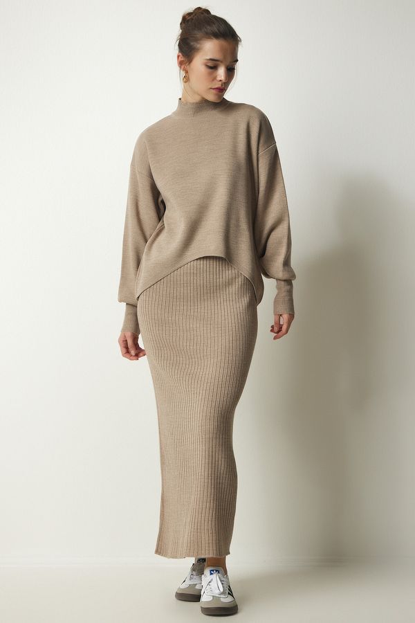 Happiness İstanbul Happiness İstanbul Women's Mink Ribbed Knitwear Sweater Dress