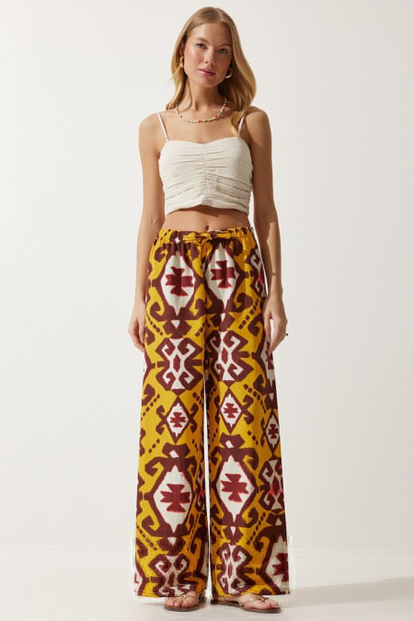 Happiness İstanbul Happiness İstanbul Women's Mustard Patterned Raw Linen Palazzo Trousers