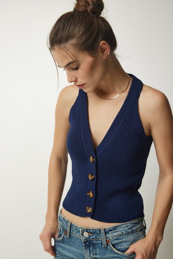 Happiness İstanbul Happiness İstanbul Women's Navy Blue Barbell Neck Buttoned Knitwear Vest