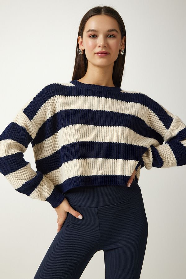 Happiness İstanbul Happiness İstanbul Women's Navy Blue Cream Striped Crop Knitwear Sweater