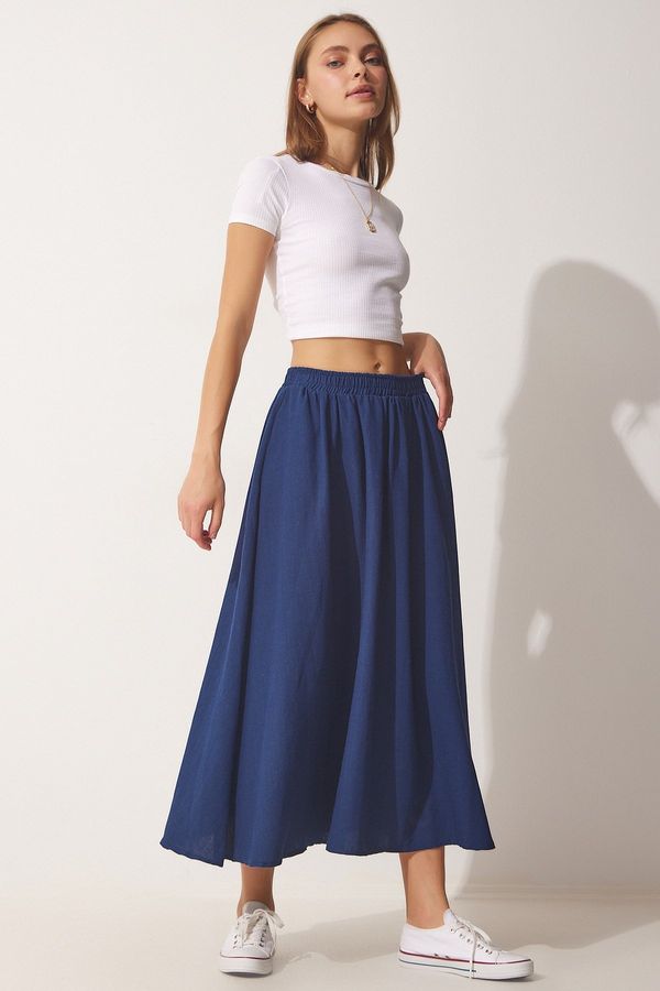 Happiness İstanbul Happiness İstanbul Women's Navy Blue Flared Pocket Linen Skirt