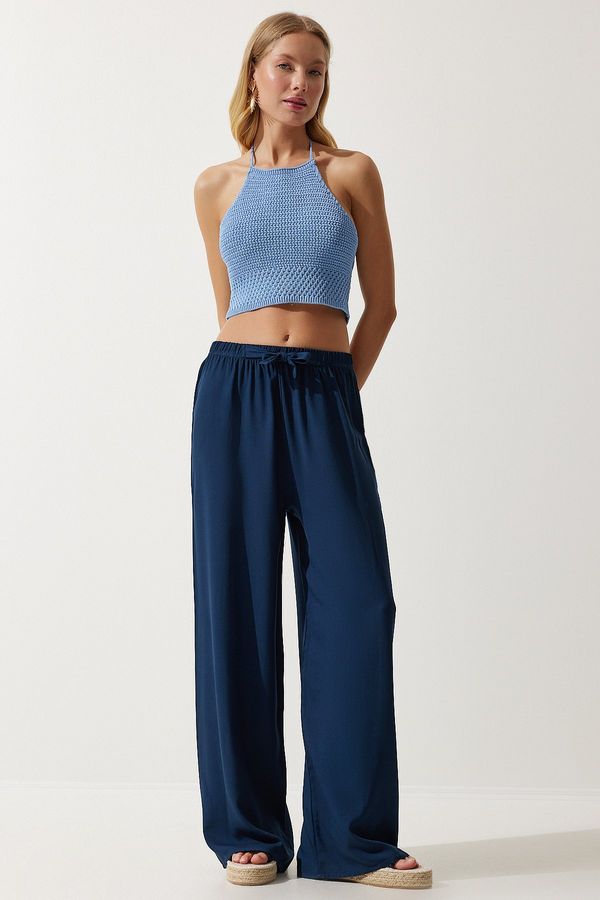Happiness İstanbul Happiness İstanbul Women's Navy Blue Flowy Knitted Palazzo Trousers