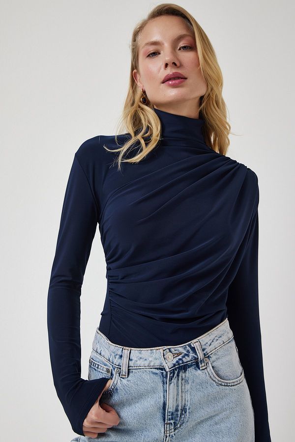 Happiness İstanbul Happiness İstanbul Women's Navy Blue Gathered Detailed High Neck Sandy Blouse