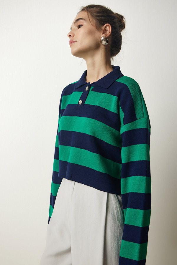 Happiness İstanbul Happiness İstanbul Women's Navy Blue Green Stylish Buttoned Collar Striped Crop Knitwear Sweater