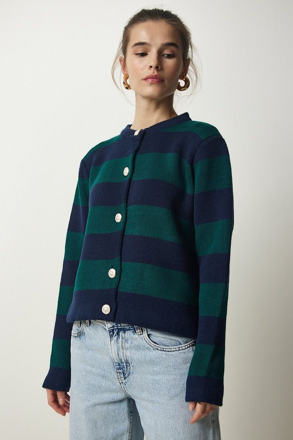 Happiness İstanbul Happiness İstanbul Women's Navy Blue Green Stylish Buttoned Striped Knitwear Cardigan