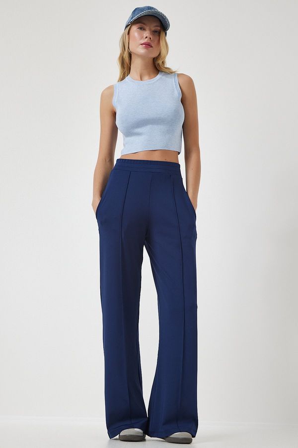 Happiness İstanbul Happiness İstanbul Women's Navy Blue High Waist Scuba Palazzo Trousers