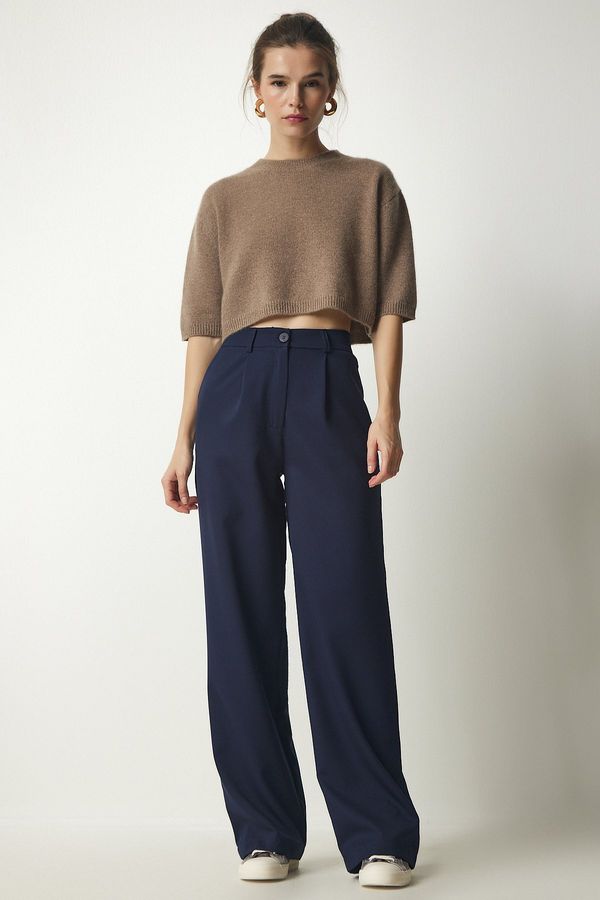 Happiness İstanbul Happiness İstanbul Women's Navy Blue Pleated Woven Trousers